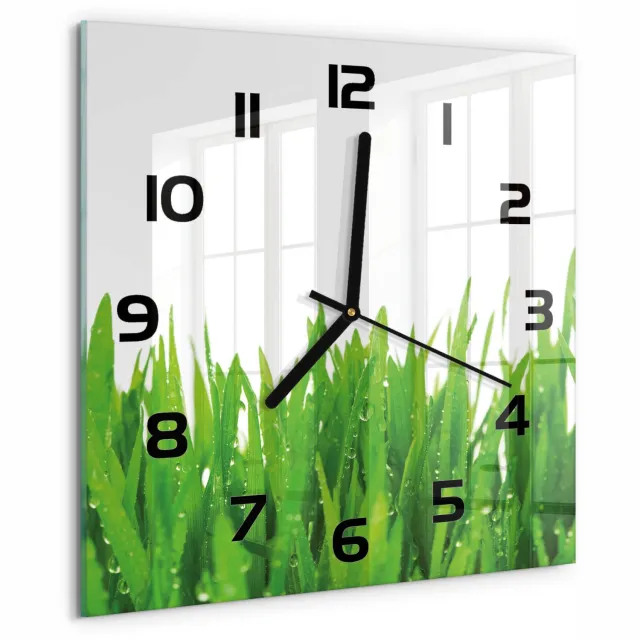 TULUP Wandklok - Gras Decoratieve Glazen Klok - 30x30 cm - Groente Glazen Wandklok Design - Zwarte handen - Vierkante Klok - Glazen Klok Met Print - Wandklok Glas Met Motief