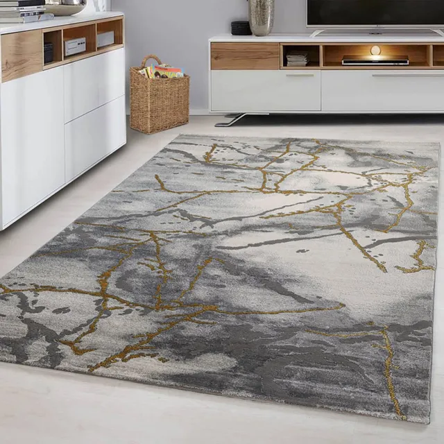 flycarpets Alba Marmer Vloerkleed Goud / Grijs - Laagpolig Tapijt Woonkamer - 280x380 cm