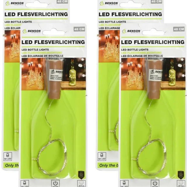 Benson LED flesverlichting - 4x - warm wit - 48 cm - 5 LED's - incl. batterij - Sfeerverlichting voor in een fles Transparant