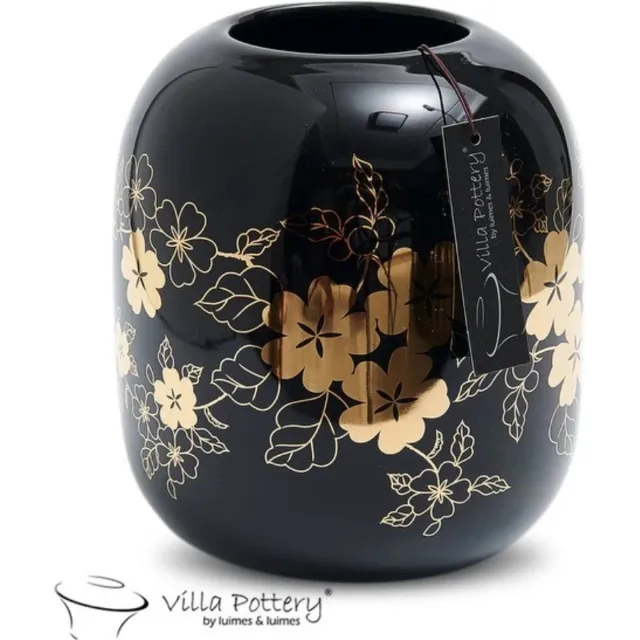 Irishflowers Vaas - Villa Pottery - Porselein - Waterdicht - Decoratie - Woondecoratie - Moederdag - Happy Flowers 1 Black Gold Zwart