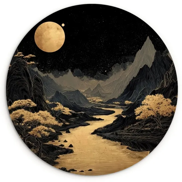 WallCircle Wandcirkel 120x120 cm - Muurcirkel Gouden rivier - Bergen - Maan - Sterrenhemel - Muurdecoratie woonkamer - Wanddecoratie slaapkamer - Kamer decoratie accessoires - Ronde schilderijen