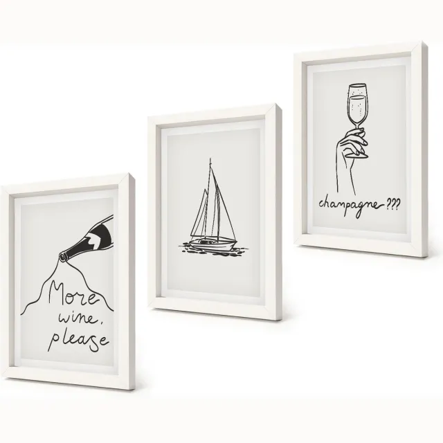 Coloray 3-Delige Schilderij Set - Wijn Zeilboot Champagneglas Lineaire Stijl - 20x30 - Wanddecoratie - Moderne Interieurdecoratie - Woonkamer Decoratie Witte lijst