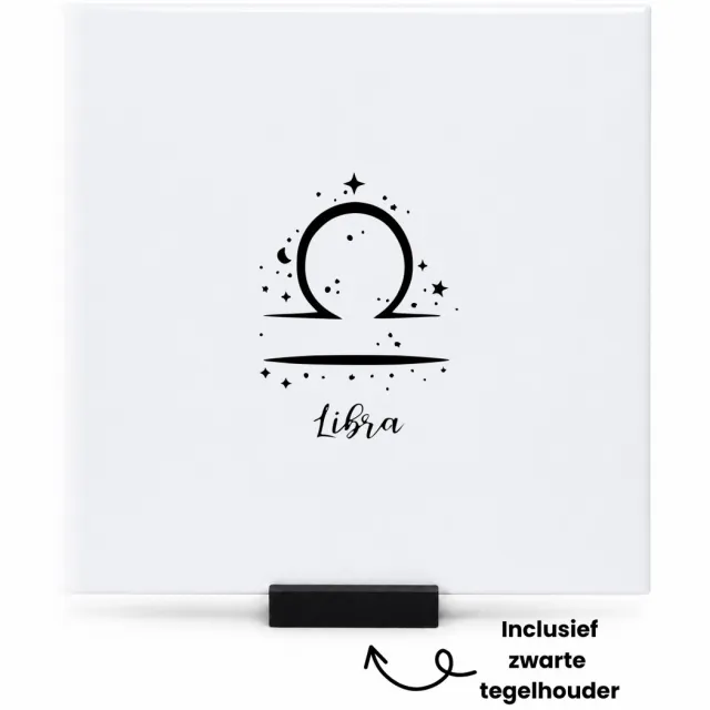 Hacebo Libra tegeltje met tegelhouder - Sterrenbeeld weegschaal - Familie vrienden - tegeltjes met tekst - Cadeau - spreuktegels - 15x15 CM Wit