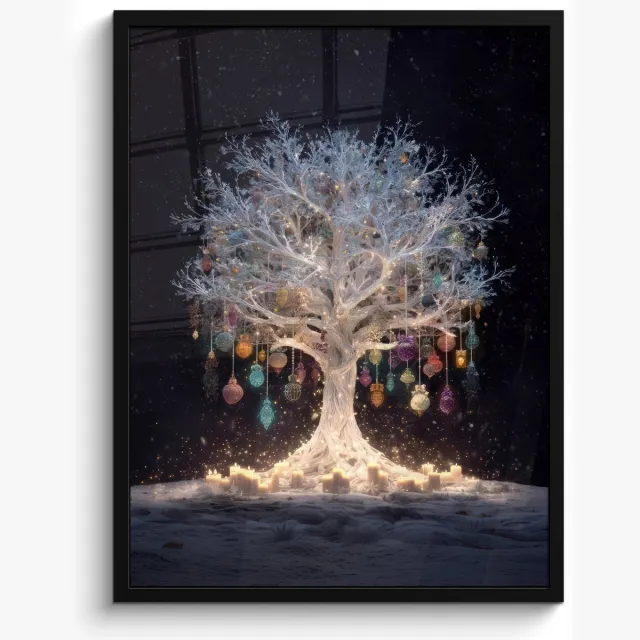 FrameYourWall Poster in lijst - Fotolijst 60x80 cm - Posters - Sneeuwboom - Lichtjes - Wit - Kleurrijk - Posterlijst zwart - Decoratie - Wanddecoratie woonkamer - Muurdecoratie slaapkamer - Kerstversiering - Kerstdecoratie voor binnen - Kerstmis
