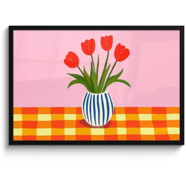 FrameYourWall Poster in lijst - Fotolijst 90x60 cm - Posters - Tulpen - Roze - Vaas - Posterlijst zwart - Decoratie - Wanddecoratie woonkamer - Muurdecoratie slaapkamer