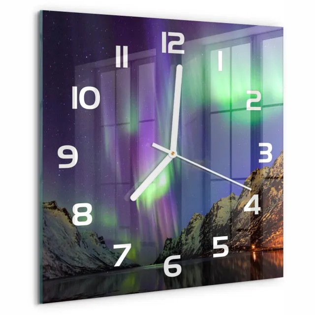 TULUP Wandklok - Noorderlicht Wandklok Glas Met Motief - 30x30 cm - Groente Decoratieve Glazen Klok - Witte handen - Vierkante Klok - Gekleurde Glazen Klok - Glazen Klok Met Print