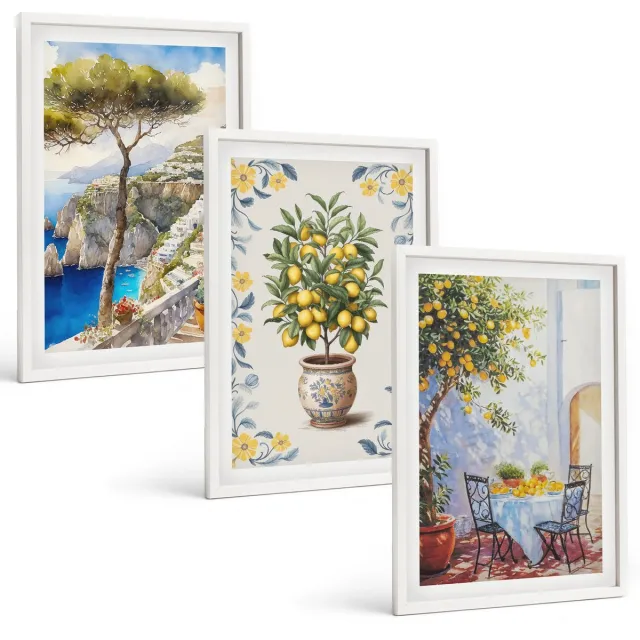 Coloray 3-Delige Schilderij Set - Zeegezicht Met Citroenbomen - Italiaanse Schilderijen - 40 x 60 - Stijlvolle Muurdecoratie - Slaapkamer - Moderne Wanddecoratie Witte lijst