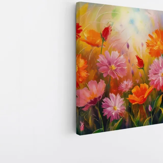 Saammp Canvas Schilderij - Bloemen - Vrolijke Kleuren - Natuur - Abstract - 40x40 - Foto op canvas - Wanddecoratie - Muurdecoratie Woonkamer - Kantoor Decoratie Multicolor