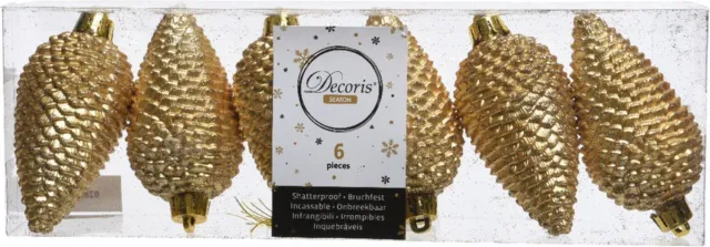 Decoris Dennenappels Glitter (8cm) Multi 6 Stuks Light Gold Licht Goud