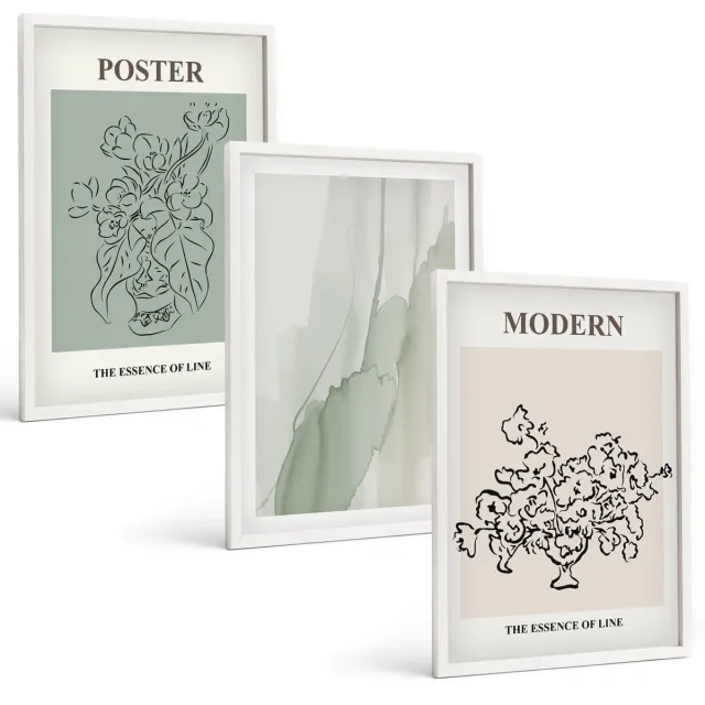 Coloray 3-Delige Schilderij Set - Bloemen In Een Vaas In Een Moderne En Minimalistische Stijl. - 40 x 60 - Muurdecoratie - Wanddecoratie - Hal Witte lijst
