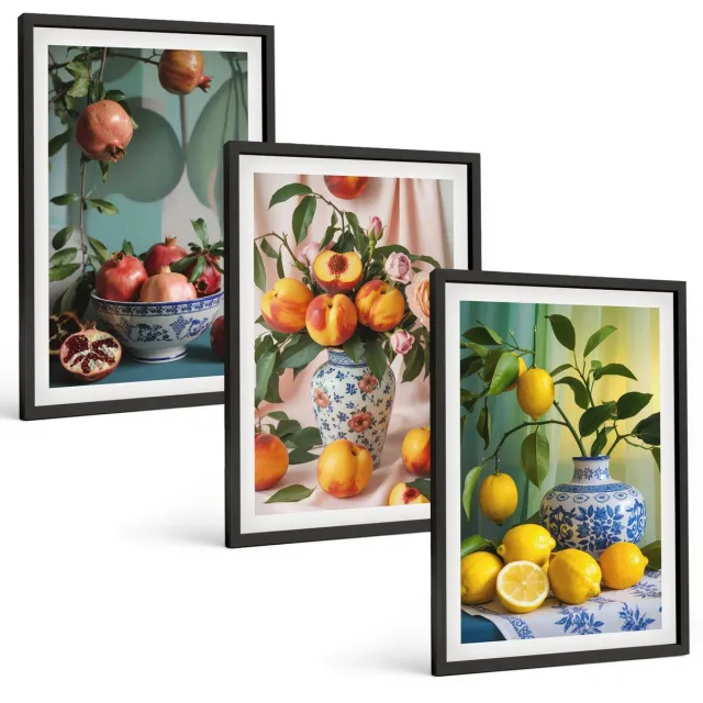 TULUP 4-Delige Schilderij Set - Granaatappels, perziken en citroenen in vazen - 40 x 60 cm - Schilderijen Set - Wanddecoratie - Woonkamer - Interieur Decoratie Zwarte lijst