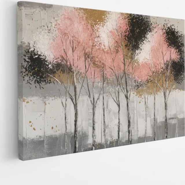 Saammp Canvas Schilderij - Bomen - Roze -Goud - Zwart - Bloemen - Landschap - Natuur - 60x40 - Foto op canvas - Wanddecoratie - Muurdecoratie Woonkamer - Slaapkamer decoratie - Canvas Print Multicolor