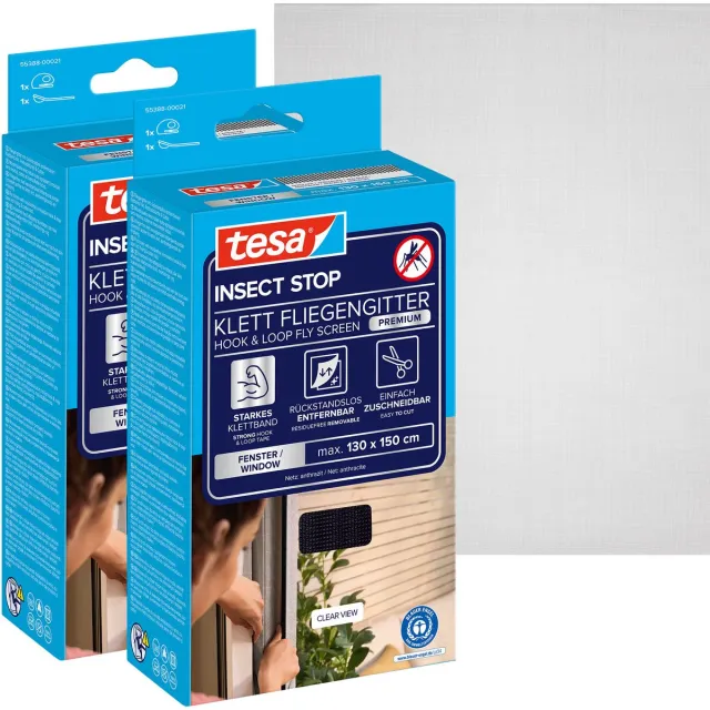 Tesa INSECT STOP H&L Fly Screen Premium for Windows - hor met klittenband, verwijderbaar zonder resten, antraciet - 2x 130 x 150 cm zwart