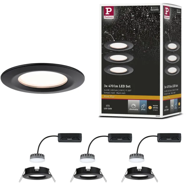 Paulmann LED-inbouwlamp Nova Plus Coin Basisset star IP44 rond 78 mm Coin 3x6W 3x470lm 230V dimbaar 2700K Zwart mat