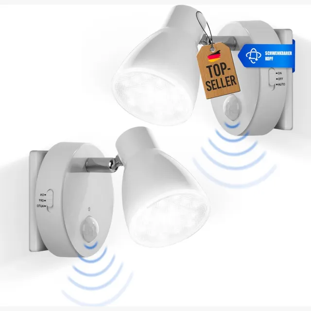 Trango Set van 2 2635-026 LED-sensor nachtlampje * MILO * met bewegingssensor en automatische functie in wit veiligheidslicht 230V socket lamp, wandlamp, oriëntatielicht, nachtlamp, socket licht