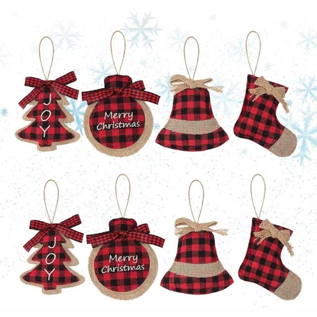KZQ 8 Stuks Kerstornamenten – Inclusief ontwerpen van een bel, kerstsok en kerstbal in de vorm van een sok – Kerstdecoratie – Hangende ornamenten van stof – Geschikt voor kerstbomen en feestdecoratie - Zwart-rood ruitpatroon