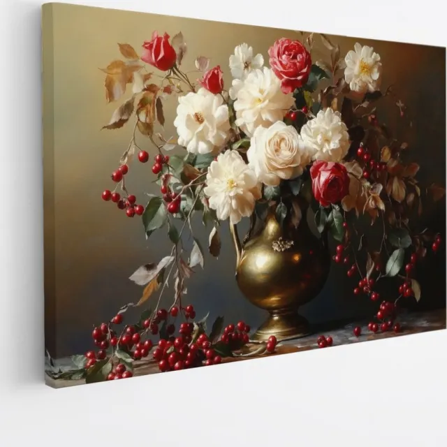 Saammp Canvas Schilderij - Klassiek Bloemstuk met Rozen en Bessen - Stilleven - Natuur - 90x60 - Foto op canvas - Wanddecoratie - Luxe Woondecoratie - Romantisch Interieur Multicolor
