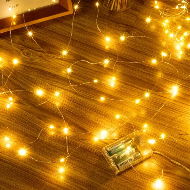 Daity 5m batterijgevoede LED-lampen - 50 LED-batterijlampen - geschikt voor gebruik binnenshuis - koperdraad IP44 waterdicht - geschikt voor doe-het-zelf slaapkamer - feest - tuin - bruiloftsdecoratie [energie-efficiëntieklasse F]