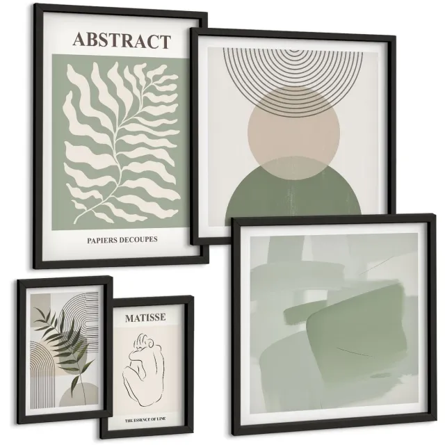TULUP 4-Delige Schilderij Set - Stijlvolle abstracte composities met plantmotieven - 50 x 50 cm, 20 x 30 cm en 40 x 60 cm - Decoratieve Schilderijen - Wanddecoratie - Hal Zwarte lijst