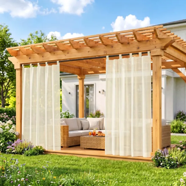 MUPOO Boho Waterafstotende Buitengordijnen met Klittenband - velcro Outdoor voile Gordijnen - Vitrages voor voor Terras, Veranda & Pergola -zonder boren - Lichtdoorlatend & Privacy - Luchtig - 132x244cm - Beige - 1 stuck Beige-1 stuk