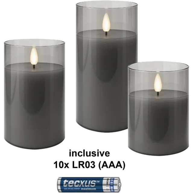 goobay Set van 3 LED-kaarsen van echte kaarsvet in glas, grijs-transparant, incl. 10x AAA (LR03)