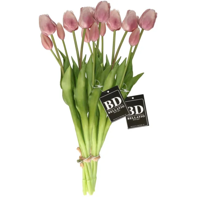 Bellatio Design Kunst tulpen boeket Sally - 14x stuks - zacht lila - real touch - 47 cm