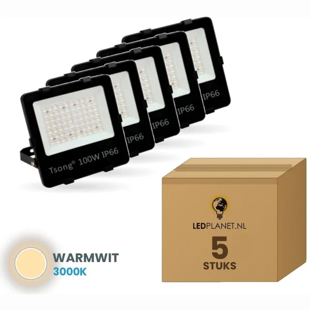Tsong LED schijnwerper 100W - 5 stuks - Warmwit 3000K - 13.500 lm - 135 lm/W - 90° - IP66