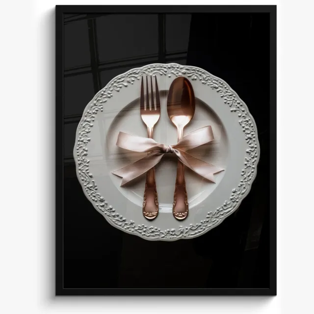 FrameYourWall Poster in lijst - Fotolijst 50x70 cm - Posters - Rose - Strik - Bestek - Posterlijst zwart - Decoratie - Wanddecoratie woonkamer - Muurdecoratie slaapkamer Bestek - Bord - Strik
