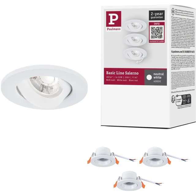 Paulmann LED-inbouwlamp Salerno 4000K 67 mm 3x204lm 3x2,9W Wit mat