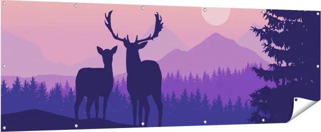 Gards Tuinposter Twee Herten - Zonsondergang - Silhouet - 210x70 cm - Tuindoek - Tuindecoratie - Wanddecoratie buiten - Tuinschilderij Multikleur