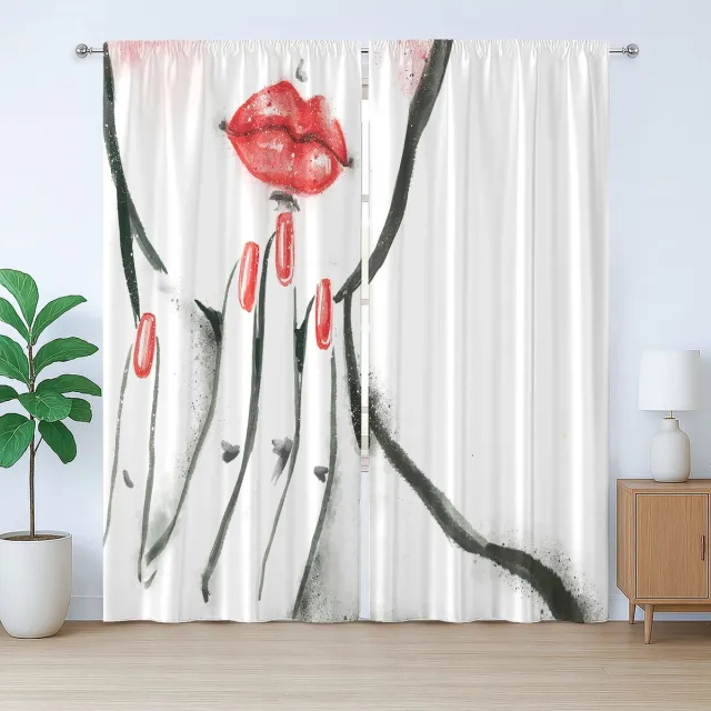 ABAKUHAUS Rustiek lippengordijn, rode nagels en blos op de wangen, universeel wandgordijn met lussen en haken , 280 x 260 cm, antracietgrijs wit