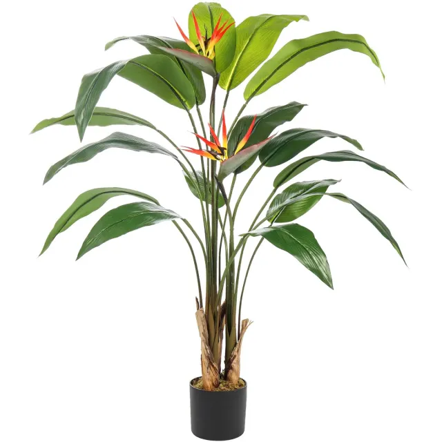 Kunstpalm Strelitzia Kunstplant met bloem 130cm | Deluxe | Paradijsvogel kunstplant - Oranje bloemen - Kunstplant Donkergroen