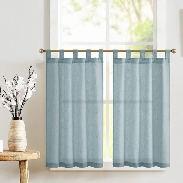 Unyqoos Charmante Korte Linnenlook Gordijnen Set voor Keuken en Balkon, Semi-Transparant met Lussen, 65x60 cm blauw