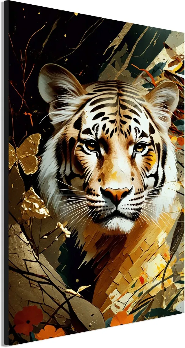 De Online Drukwinkel Wanddecoratie Metaal - Aluminium Schilderij Gouden junglekoning straalt - 90 x 60 cm - Tijger - Muurdecoratie woonkamer en slaapkamer - Inclusief ophangsysteem - Modern - Modern - Displate alternatief