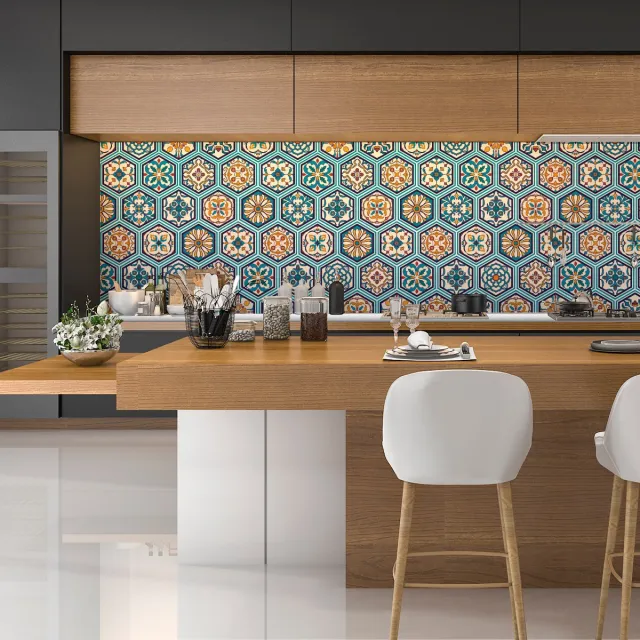 Ambiance Sticker Zelfklevende wandtegels voor keuken en badkamer - Blauwgroene gepatineerde houten zeshoekige tegels - 28 zeshoekige stickers, 20x18 cm Multi color