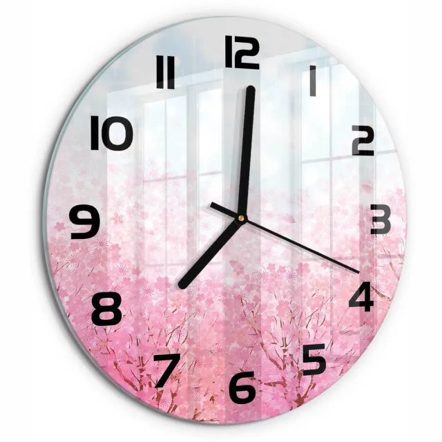 TULUP Wandklok - Kersenbloesem Decoratieve Glazen Klok - fi30 cm - Roze Glazen Wandklok Design - Zwarte handen - Ronde Klok - Glazen Klok Met Print - Wandklok Glas Met Motief