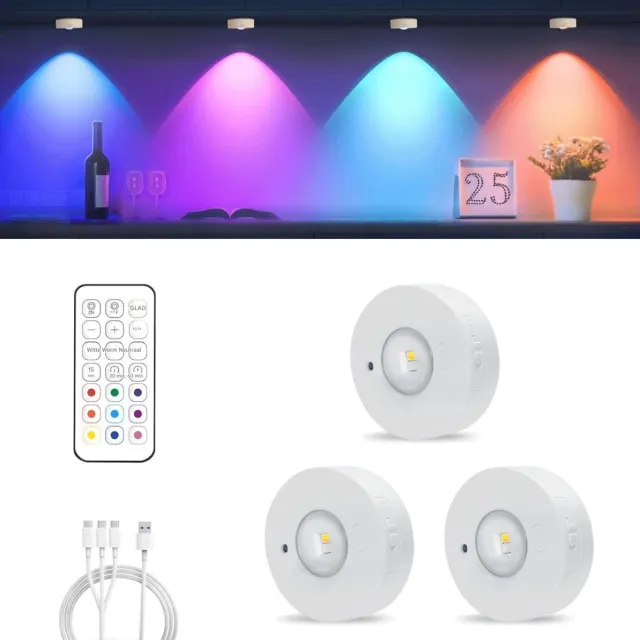 GelldG Kastverlichtingsset – 3-pack – Draadloos oplaadbare - Magnetische LED-lampen – 3 kleurtemperaturen + 9 RGB-modi – In helderheid verstelbare kastlampen – Ideaal geschikt voor vitrinekasten, kasten en keukens wit