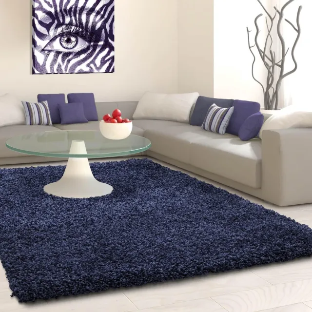 Ayyildiz Hoogpolig vloerkleed, effen kleur - marineblauw, vloerkleed voor de woonkamer, jute achterkant, afmeting: 200 cm rond