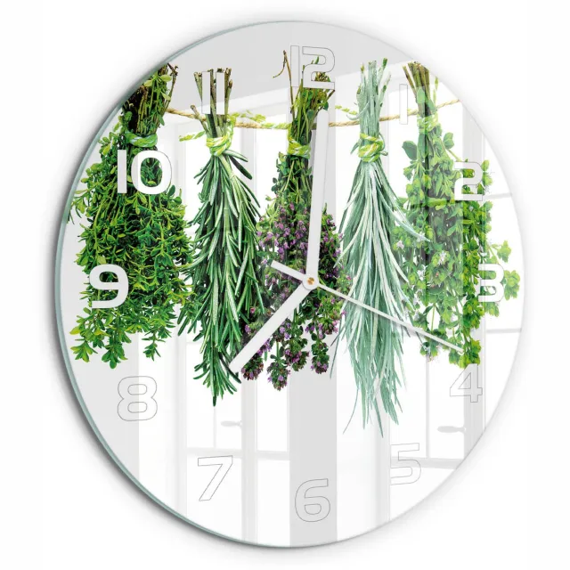 TULUP Wandklok - Kruiden aan een touwtje Decoratieve Glazen Klok - fi30 cm - Groente Glazen Wandklok Design - Witte handen - Ronde Klok - Glazen Klok Met Print - Wandklok Glas Met Motief