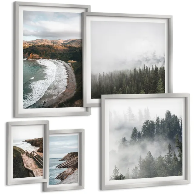 TULUP 4-Delige Schilderij Set - Kustlandschappen met bossen en bergheuvels - 50 x 50 cm, 20 x 30 cm en 40 x 60 cm - Muurdecoratie - Wanddecoratie - Slaapkamer - Stijlvolle Muurdecoratie Zilveren lijst