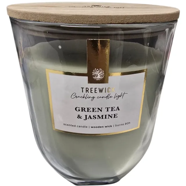 TreeWick Geurkaars met houten lont, Geur kaars, Green tea en Jasmine, Treewick, 80 uur Groen