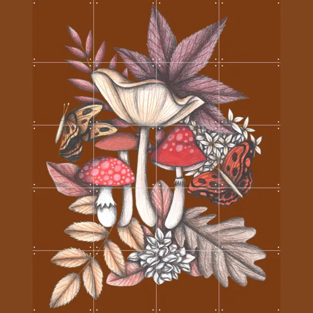 IXXI Mushrooms Magic 3, Cecilia Battaini - 80 x 100 cm - Grote wanddecoratie en posters - Speels, Kleurrijk, Illustraties, Slaapkamer, Woonkamer Bruin