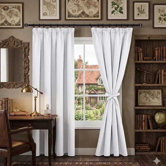 Maison Elara Verduisteringsgordijnen Plooiband met Riemen, Ondoorzichtige Gordijnen Luxe met Blackout Stof voor Woonkamer, 117x137 cm (B x H), Grijs Wit, 2 stuks