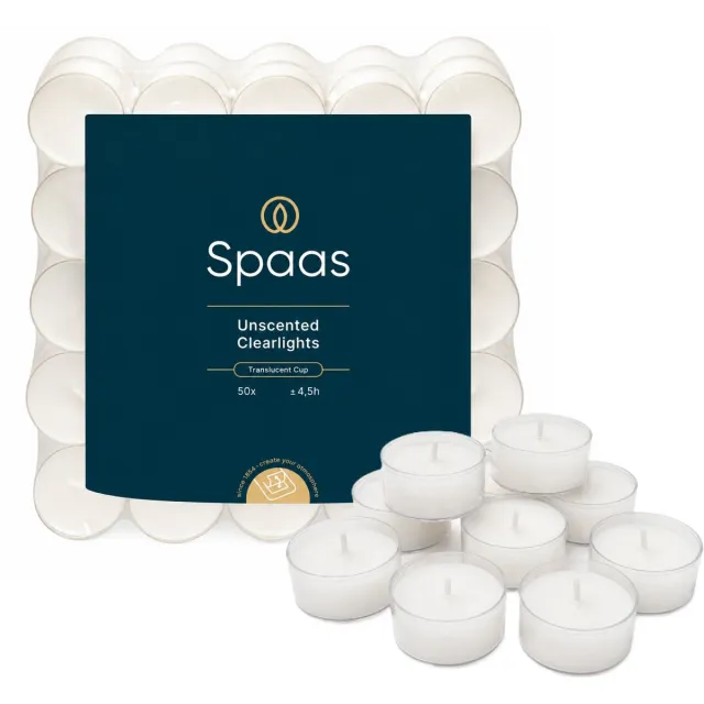 Spaas Clearlights theelichtjes in doorzichtige cups - 4,5 uren - set van 50 stuks wit