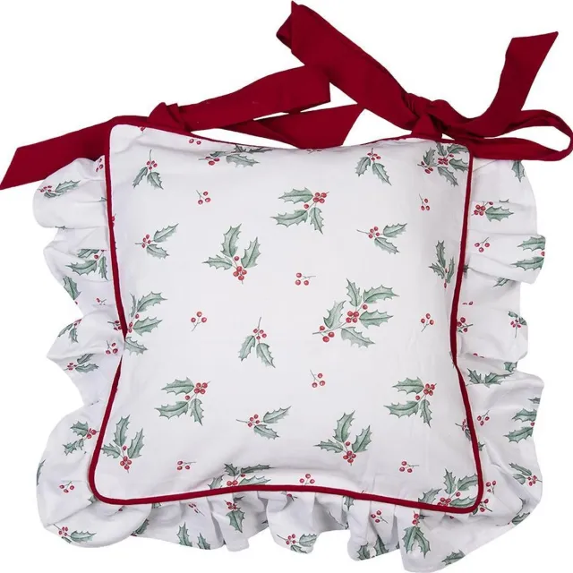 Clayre & Eef Kussenhoes Stoelkussen 40x40 cm Wit Rood Katoen Hulstbladeren