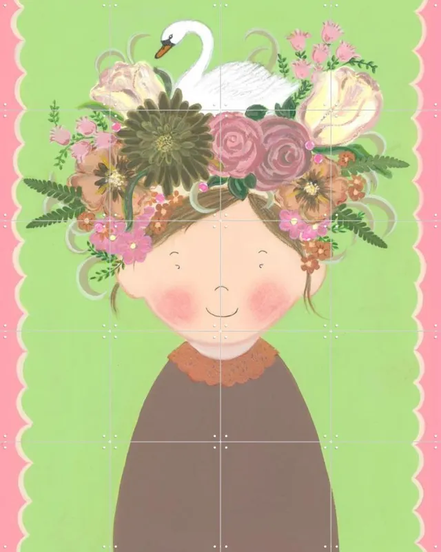 IXXI Flora met Fauna, Desirée van Hattem - 80 x 100 cm - Grote wanddecoratie en posters - Fantasierijk, Speels, Illustraties, Kleurrijk, Babykamer Groen / Roze