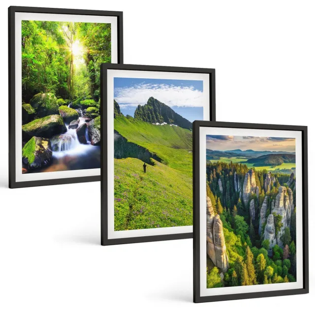 TULUP 4-Delige Schilderij Set - Groene berglandschappen met waterval en bos - 40 x 60 cm - Wanddecoratie - Moderne Interieurdecoratie - Woonkamer Decoratie Zwarte lijst