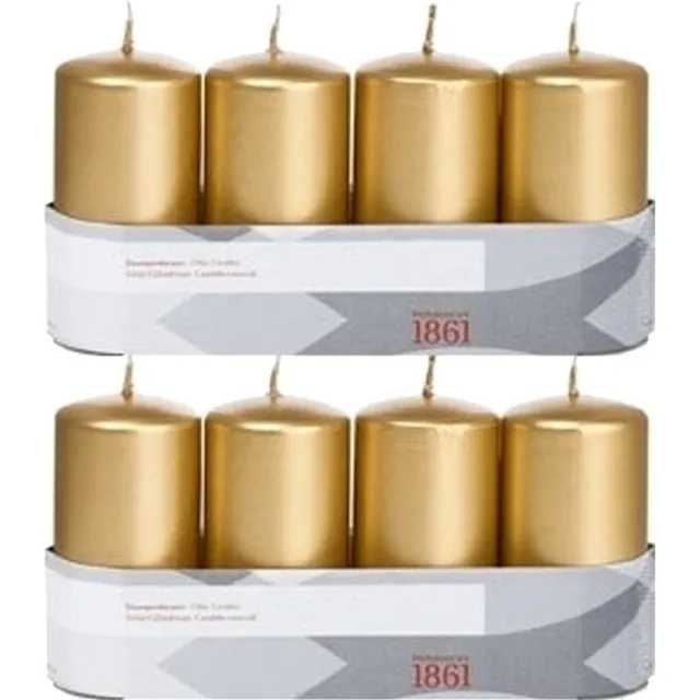 Trend Candles Cilinderkaarsen - 8x - goud - 5 x 10 cm - 18 branduren - geurloos - wax - kaarsen Goudkleurig