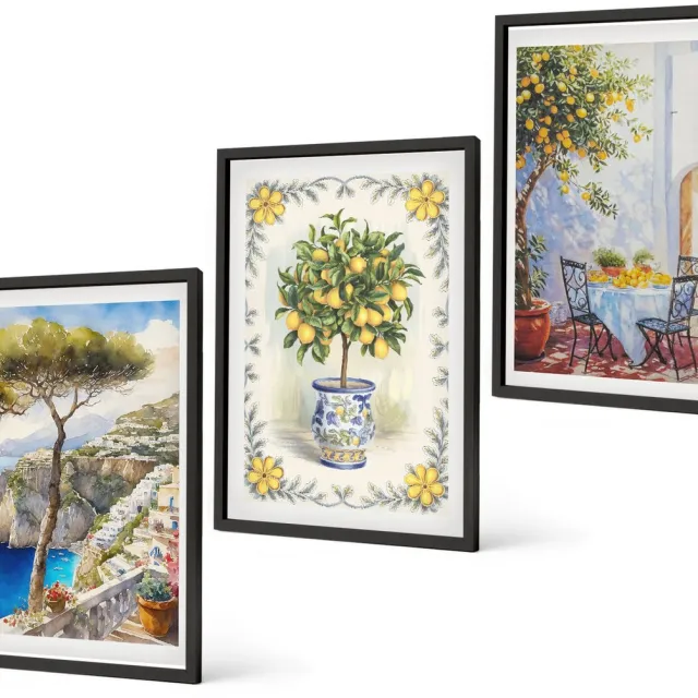 Coloray 3-Delige Schilderij Set - Uitzicht Op Zee Met Citroenbomen - 40 x 60 cm - Wanddecoratie - Schilderijen Set - Interieur - Decoratieve Schilderijen Zwarte lijst