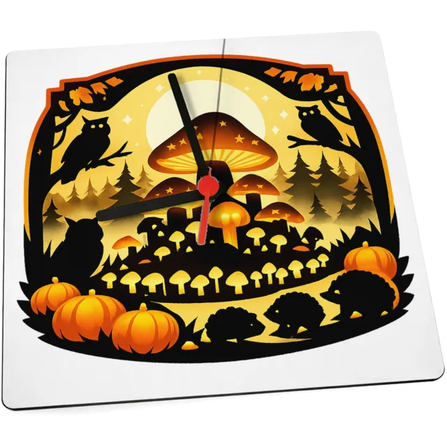 Mr Cadeautjes Klok 19 x 19 - design Herfstbos met een grote gloeiende paddenstoelheuvel en klein | cadeau Wit